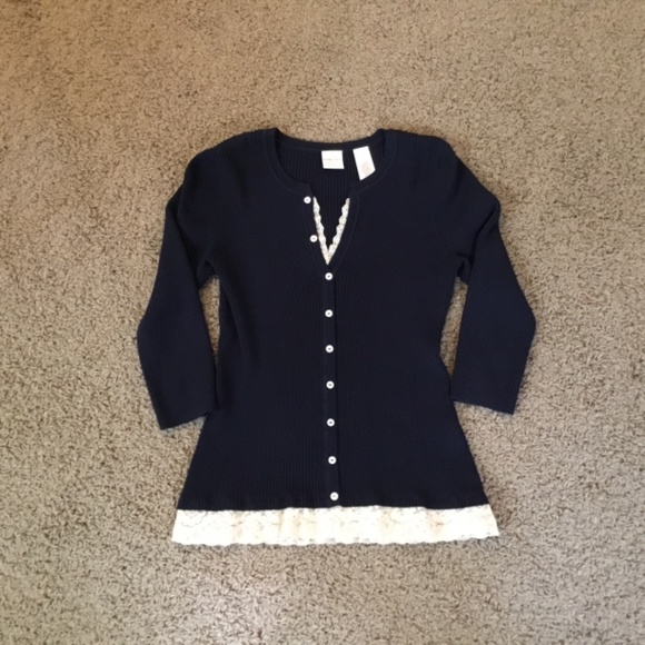 Navy Blue Ribbed Sweater with Buttons & Lace-Med - Picture 2 of 7